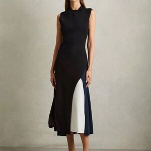 Reiss Black and White Colorblock Midi Dress